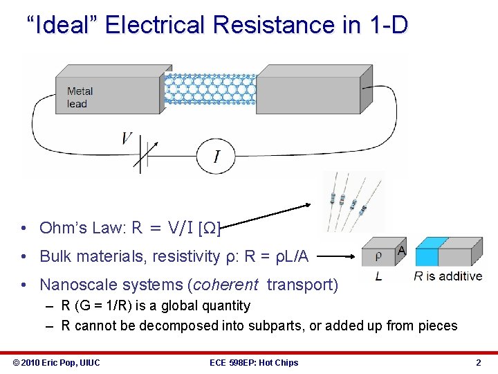 “Ideal” Electrical Resistance in 1 -D • Ohm’s Law: R = V/I [Ω] •