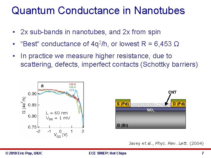 Quantum Conductance in Nanotubes • 2 x sub-bands in nanotubes, and 2 x from