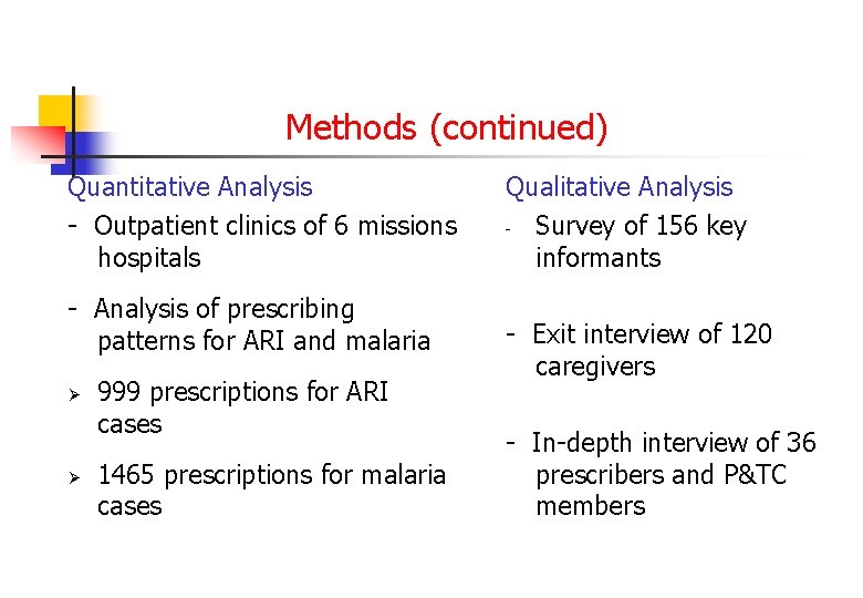 Methods (continued) Quantitative Analysis - Outpatient clinics of 6 missions hospitals - Analysis of