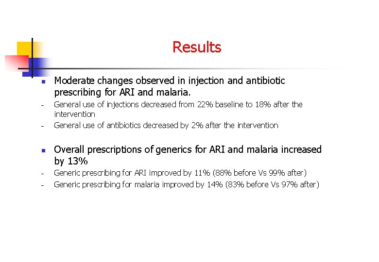 Results n – – Moderate changes observed in injection and antibiotic prescribing for ARI