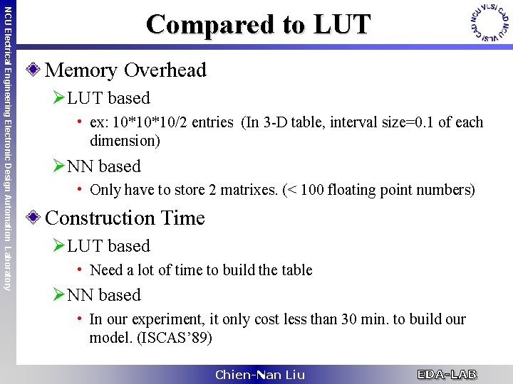 NCU Electrical Engineering Electronic Design Automation Laboratory Compared to LUT Memory Overhead Ø LUT