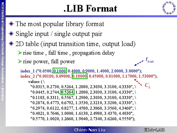 NCU Electrical Engineering Electronic Design Automation Laboratory . LIB Format The most popular library