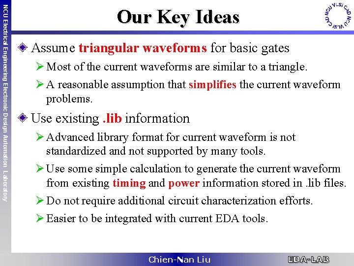 NCU Electrical Engineering Electronic Design Automation Laboratory Our Key Ideas Assume triangular waveforms for