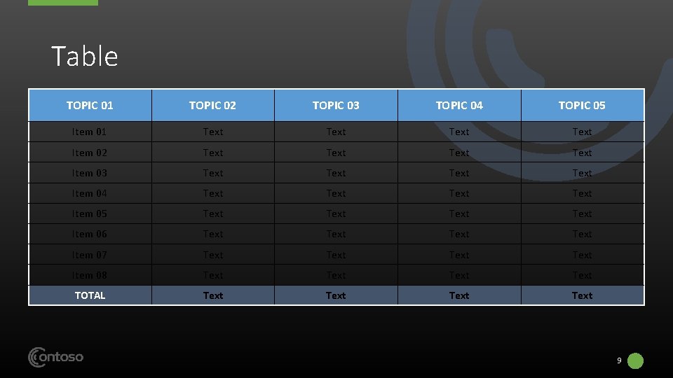 Table TOPIC 01 TOPIC 02 TOPIC 03 TOPIC 04 TOPIC 05 Item 01 Text