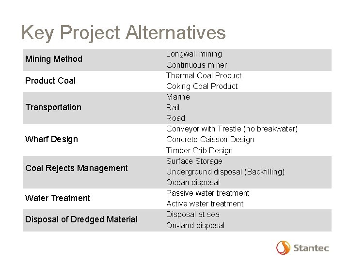 Key Project Alternatives Mining Method Product Coal Transportation Wharf Design Coal Rejects Management Water