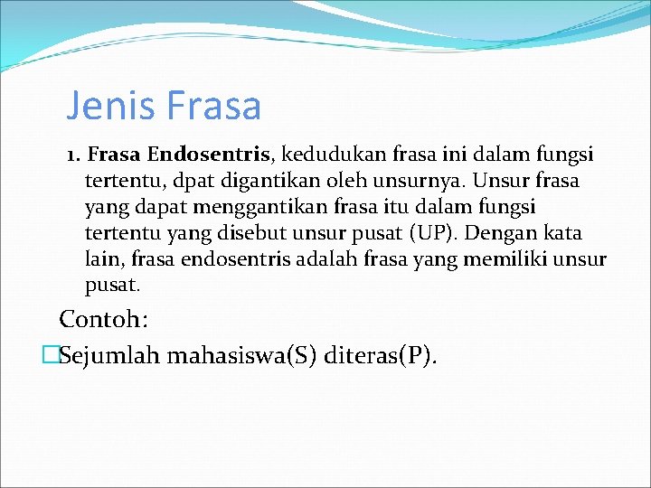 Jenis Frasa 1. Frasa Endosentris, kedudukan frasa ini dalam fungsi tertentu, dpat digantikan oleh
