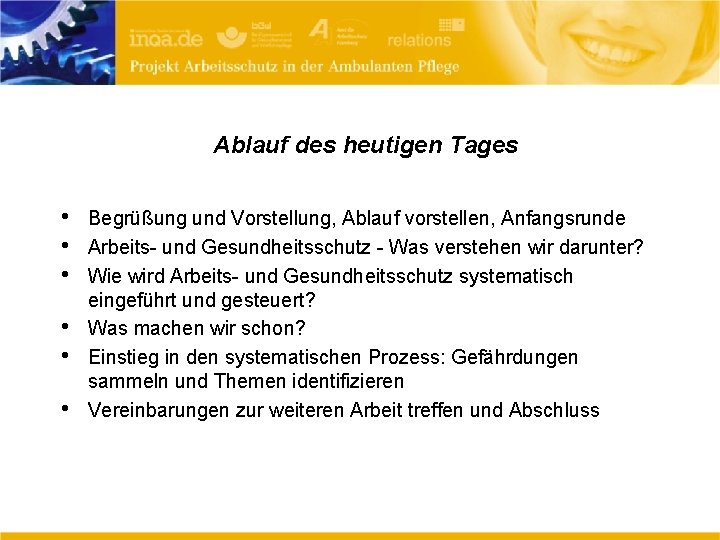 Ablauf des heutigen Tages • • • Begrüßung und Vorstellung, Ablauf vorstellen, Anfangsrunde Arbeits-