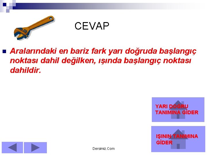 CEVAP n Aralarındaki en bariz fark yarı doğruda başlangıç noktası dahil değilken, ışında başlangıç