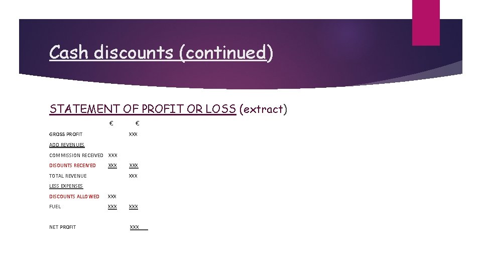 Cash discounts (continued) STATEMENT OF PROFIT OR LOSS (extract) € GROSS PROFIT € XXX