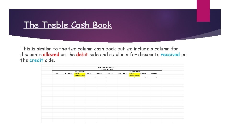 The Treble Cash Book This is similar to the two column cash book but