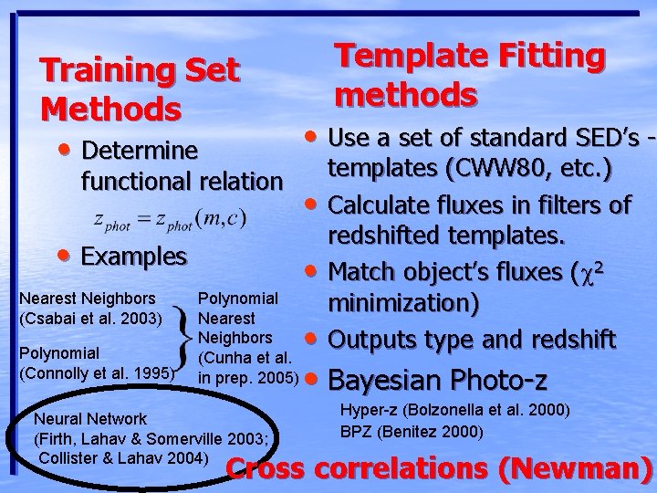 Training Set Methods • Determine functional relation • Examples Nearest Neighbors (Csabai et al.