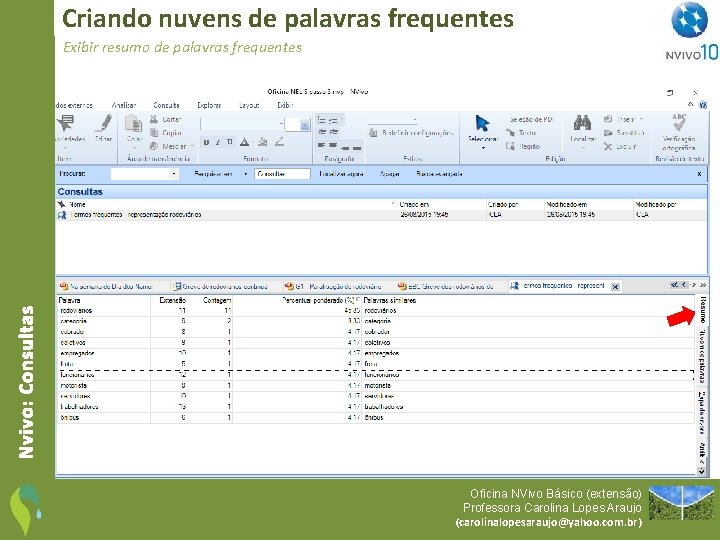 Criando nuvens de palavras frequentes Nvivo: Consultas Exibir resumo de palavras frequentes Oficina NVivo