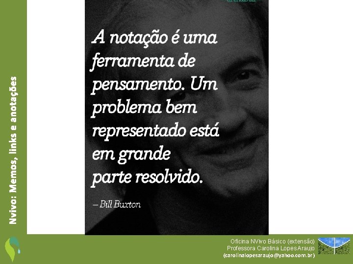 Nvivo: Memos, links e anotações Oficina NVivo Básico (extensão) Professora Carolina Lopes Araujo (carolinalopesaraujo@yahoo.