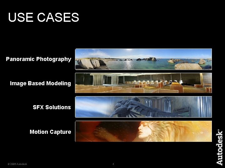 USE CASES Panoramic Photography Image Based Modeling SFX Solutions Motion Capture © 2006 Autodesk
