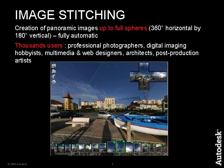 IMAGE STITCHING Creation of panoramic images up to full spheres (360° horizontal by 180°