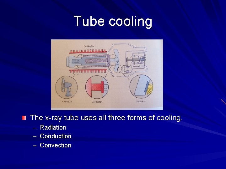 Tube cooling The x-ray tube uses all three forms of cooling. – – –
