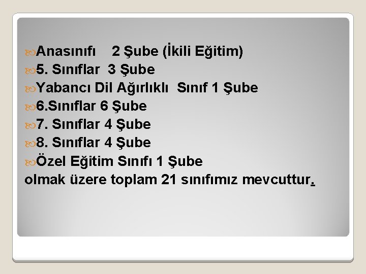  Anasınıfı 2 Şube (İkili Eğitim) 5. Sınıflar 3 Şube Yabancı Dil Ağırlıklı Sınıf