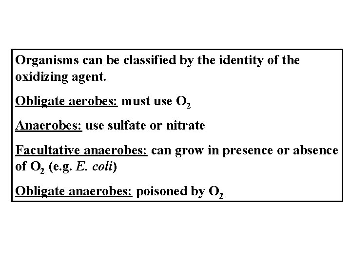 Organisms can be classified by the identity of the oxidizing agent. Obligate aerobes: must