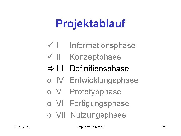 Projektablauf üI ü II ð III o IV o VII 11/2/2020 Informationsphase Konzeptphase Definitionsphase