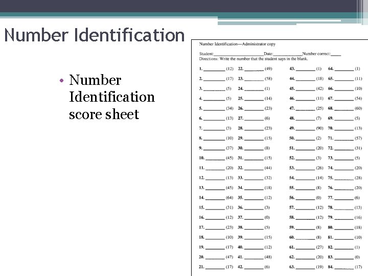 Number Identification • Number Identification score sheet 