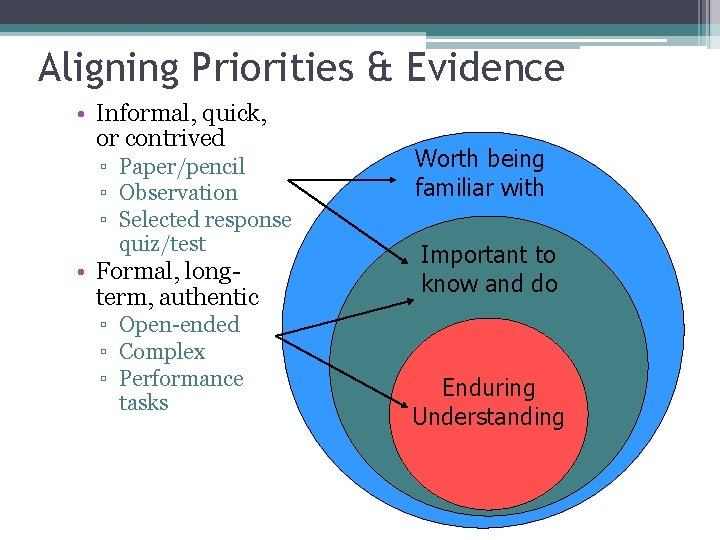 Aligning Priorities & Evidence • Informal, quick, or contrived ▫ Paper/pencil ▫ Observation ▫