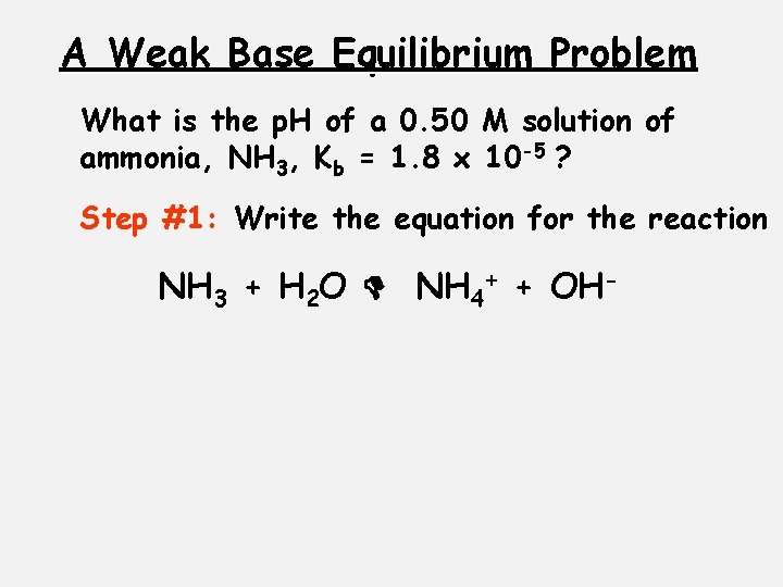 A Weak Base Equilibrium Problem What is the p. H of a 0. 50