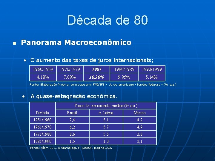 Década de 80 n Panorama Macroeconômico • O aumento das taxas de juros internacionais;