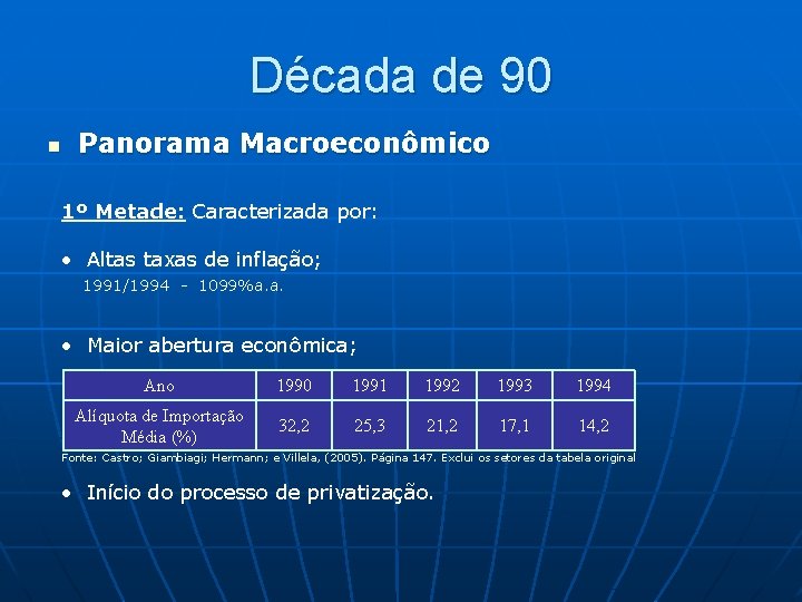 Década de 90 n Panorama Macroeconômico 1º Metade: Caracterizada por: • Altas taxas de