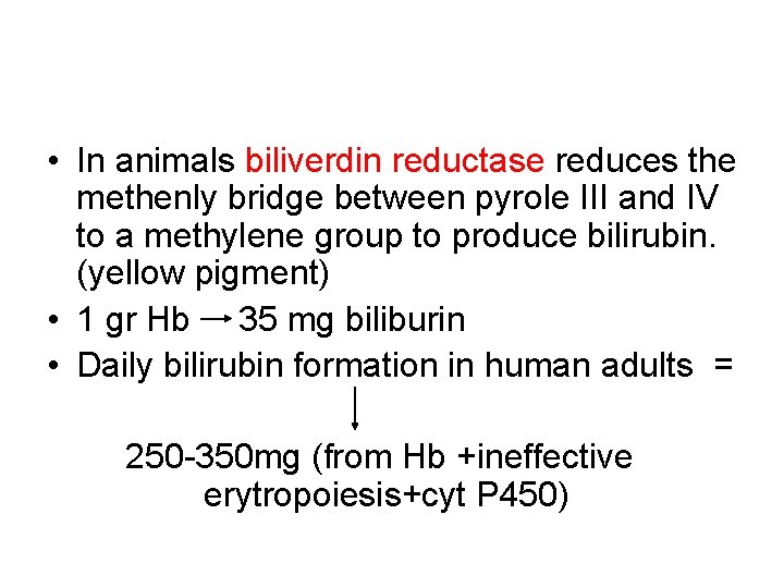  • In animals biliverdin reductase reduces the methenly bridge between pyrole III and