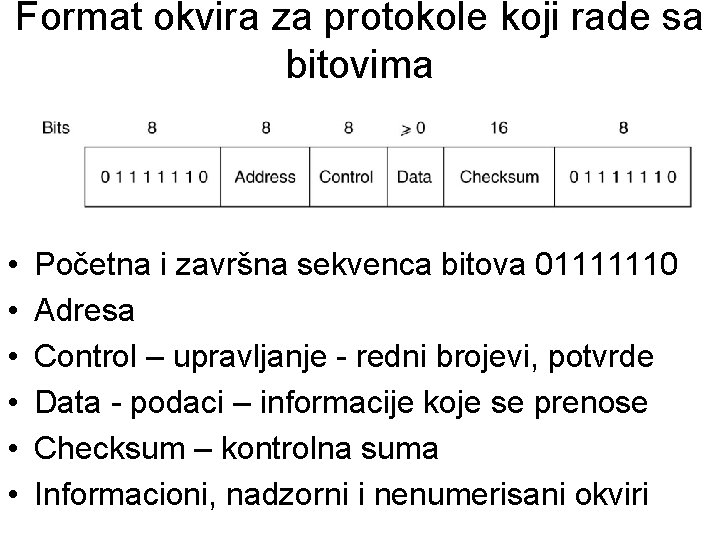 Format okvira za protokole koji rade sa bitovima • • • Početna i završna