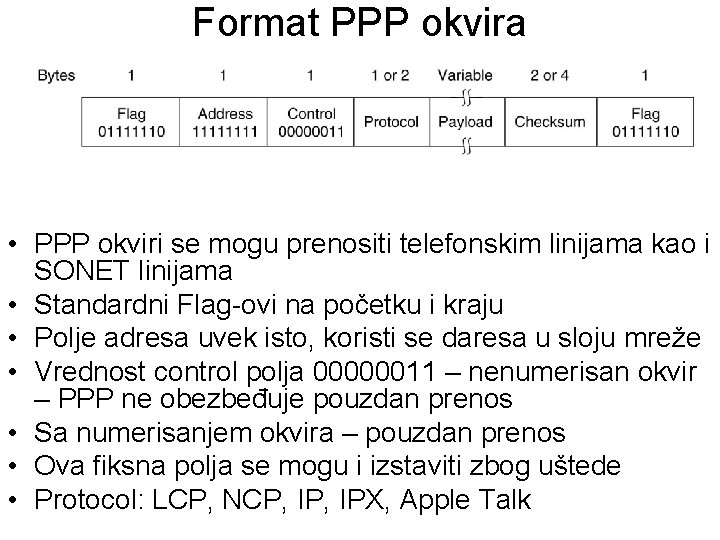 Format PPP okvira • PPP okviri se mogu prenositi telefonskim linijama kao i SONET