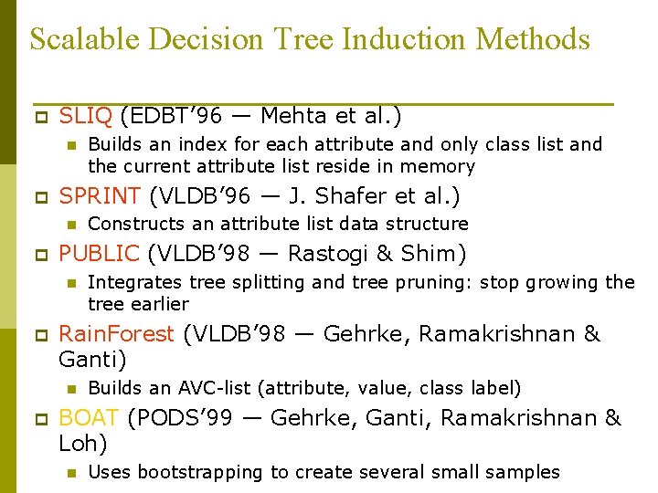 Scalable Decision Tree Induction Methods p SLIQ (EDBT’ 96 — Mehta et al. )