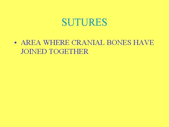 SUTURES • AREA WHERE CRANIAL BONES HAVE JOINED TOGETHER 