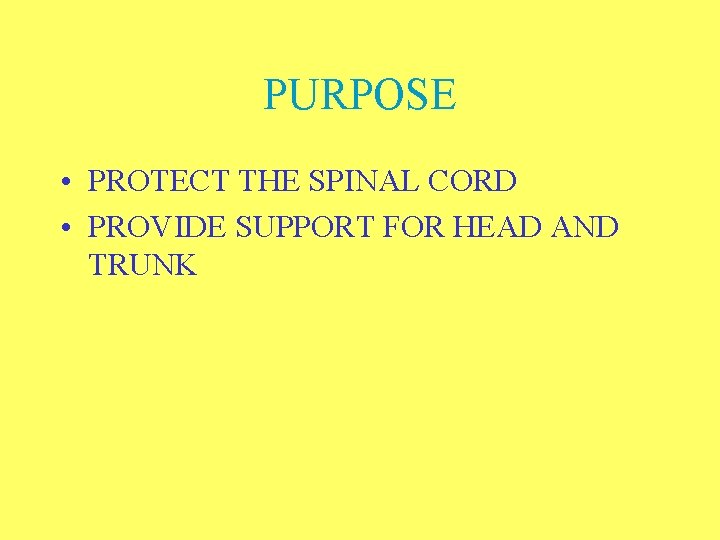 PURPOSE • PROTECT THE SPINAL CORD • PROVIDE SUPPORT FOR HEAD AND TRUNK 