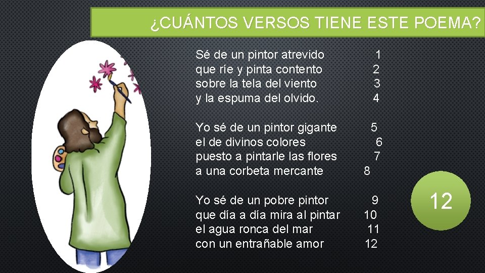 ¿CUÁNTOS VERSOS TIENE ESTE POEMA? Sé de un pintor atrevido 1 que ríe y