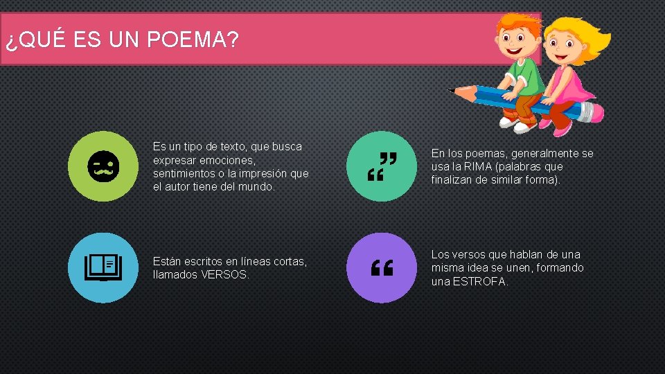 ¿QUÉ ES UN POEMA? Es un tipo de texto, que busca expresar emociones, sentimientos