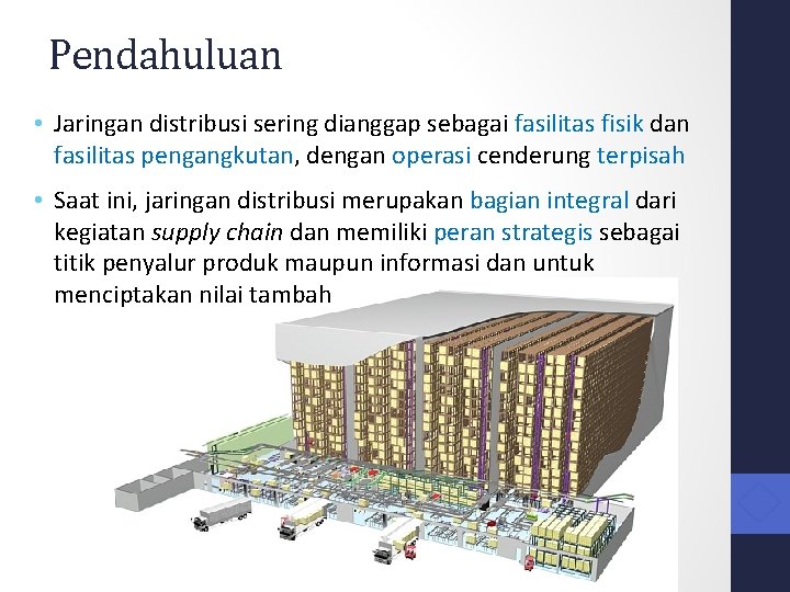 Pendahuluan • Jaringan distribusi sering dianggap sebagai fasilitas fisik dan fasilitas pengangkutan, dengan operasi Pendahuluan • Jaringan distribusi sering dianggap sebagai fasilitas fisik dan fasilitas pengangkutan, dengan operasi