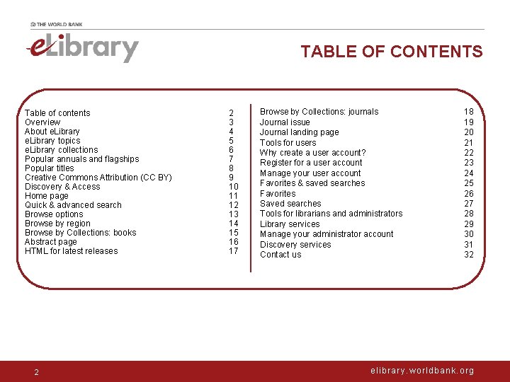 TABLE OF CONTENTS Table of contents Overview About e. Library topics e. Library collections