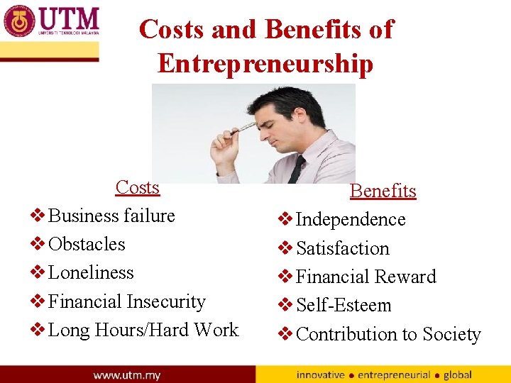 Costs and Benefits of Entrepreneurship Costs v Business failure v Obstacles v Loneliness v