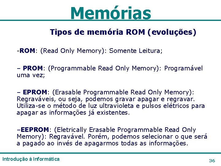 Memórias Tipos de memória ROM (evoluções) -ROM: (Read Only Memory): Somente Leitura; – PROM: Memórias Tipos de memória ROM (evoluções) -ROM: (Read Only Memory): Somente Leitura; – PROM:
