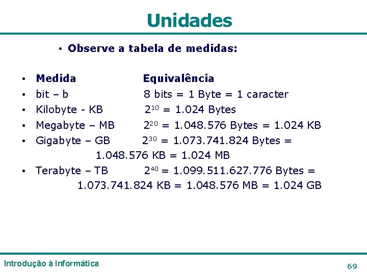 Unidades • Observe a tabela de medidas: • • • Medida Equivalência bit – Unidades • Observe a tabela de medidas: • • • Medida Equivalência bit –