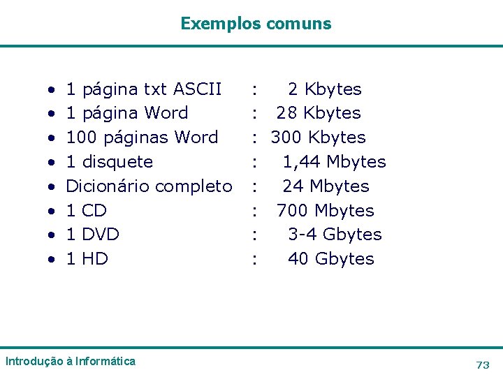 Exemplos comuns • • 1 página txt ASCII 1 página Word 100 páginas Word Exemplos comuns • • 1 página txt ASCII 1 página Word 100 páginas Word