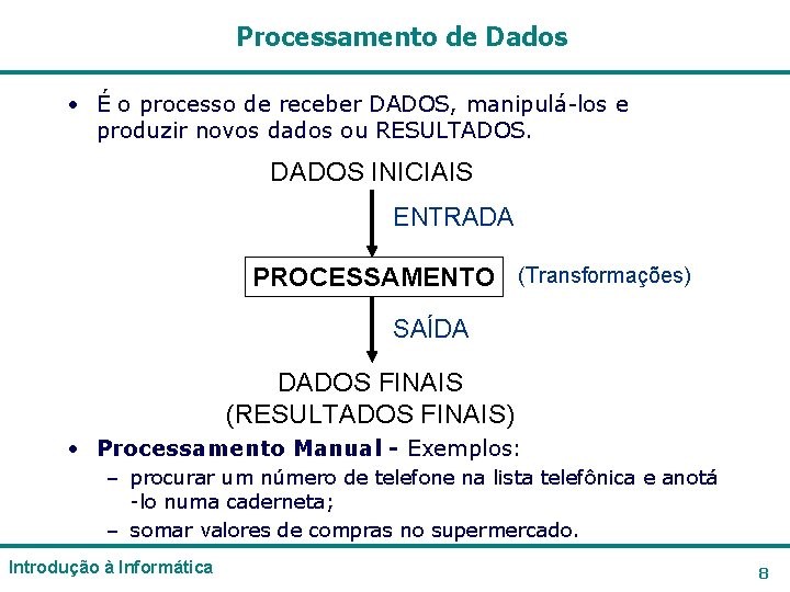 Processamento de Dados • É o processo de receber DADOS, manipulá-los e produzir novos Processamento de Dados • É o processo de receber DADOS, manipulá-los e produzir novos
