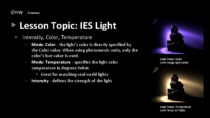 Lesson Topic: IES Light • Intensity, Color, Temperature – Mode: Color - the light’s