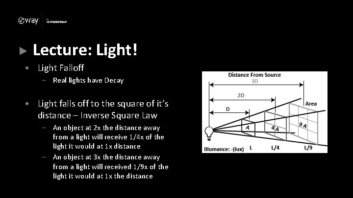 Lecture: Light! • Light Falloff – Real lights have Decay • Light falls off