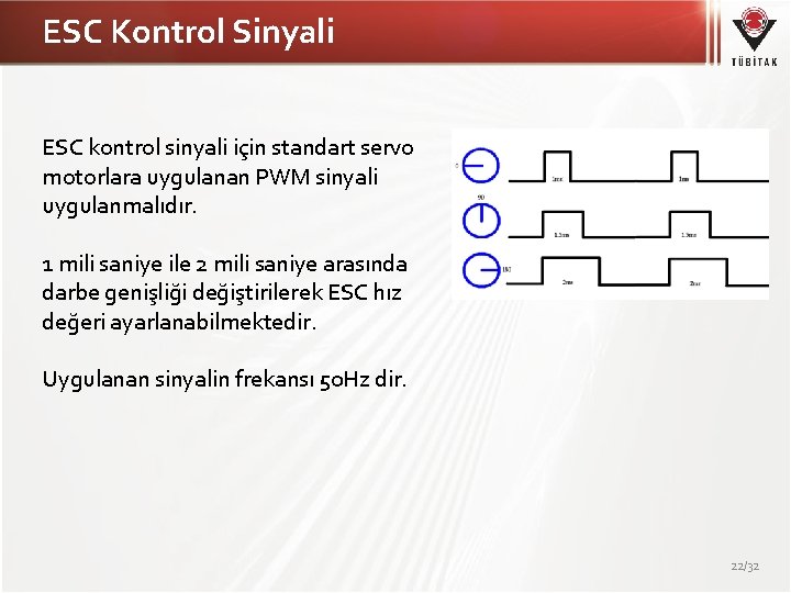 ESC Kontrol Sinyali ESC kontrol sinyali için standart servo motorlara uygulanan PWM sinyali uygulanmalıdır.