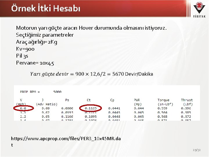 Örnek İtki Hesabı Motorun yarı güçte aracın Hover durumunda olmasını istiyoruz. Seçtiğimiz parametreler Araç