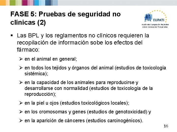 FASE 5: Pruebas de seguridad no clínicas (2) Academia Europea de Pacientes sobre Innovación