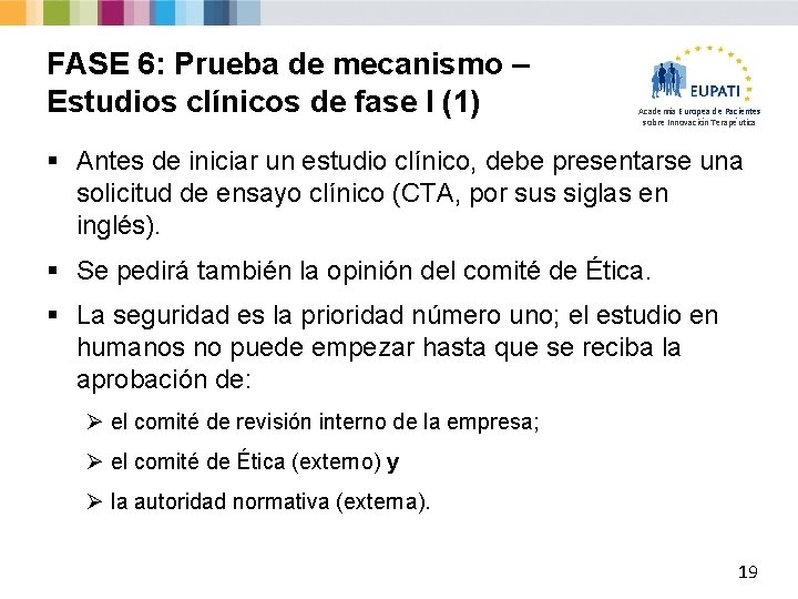 FASE 6: Prueba de mecanismo – Estudios clínicos de fase I (1) Academia Europea