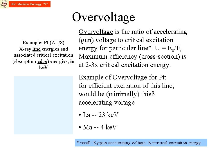 UW- Madison Geology 777 Overvoltage Example: Pt (Z=78) X-ray line energies and associated critical